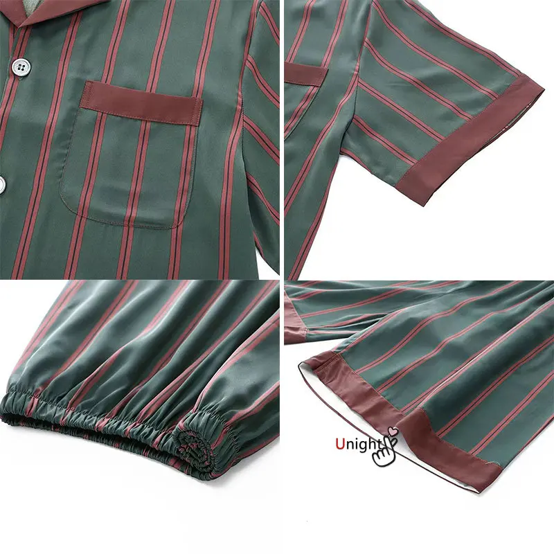 Silk Pajamas Set Men Short Satin Large Size Summer Sleepwear Home Clothes Stripe Big Size 4XL Plaid
