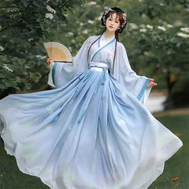 Hanfu Women Chinese Traditional Embroidery Stage Dance Dress Female Fairy Cosplay Costume Hanfu Gradient Blue&Green For Women