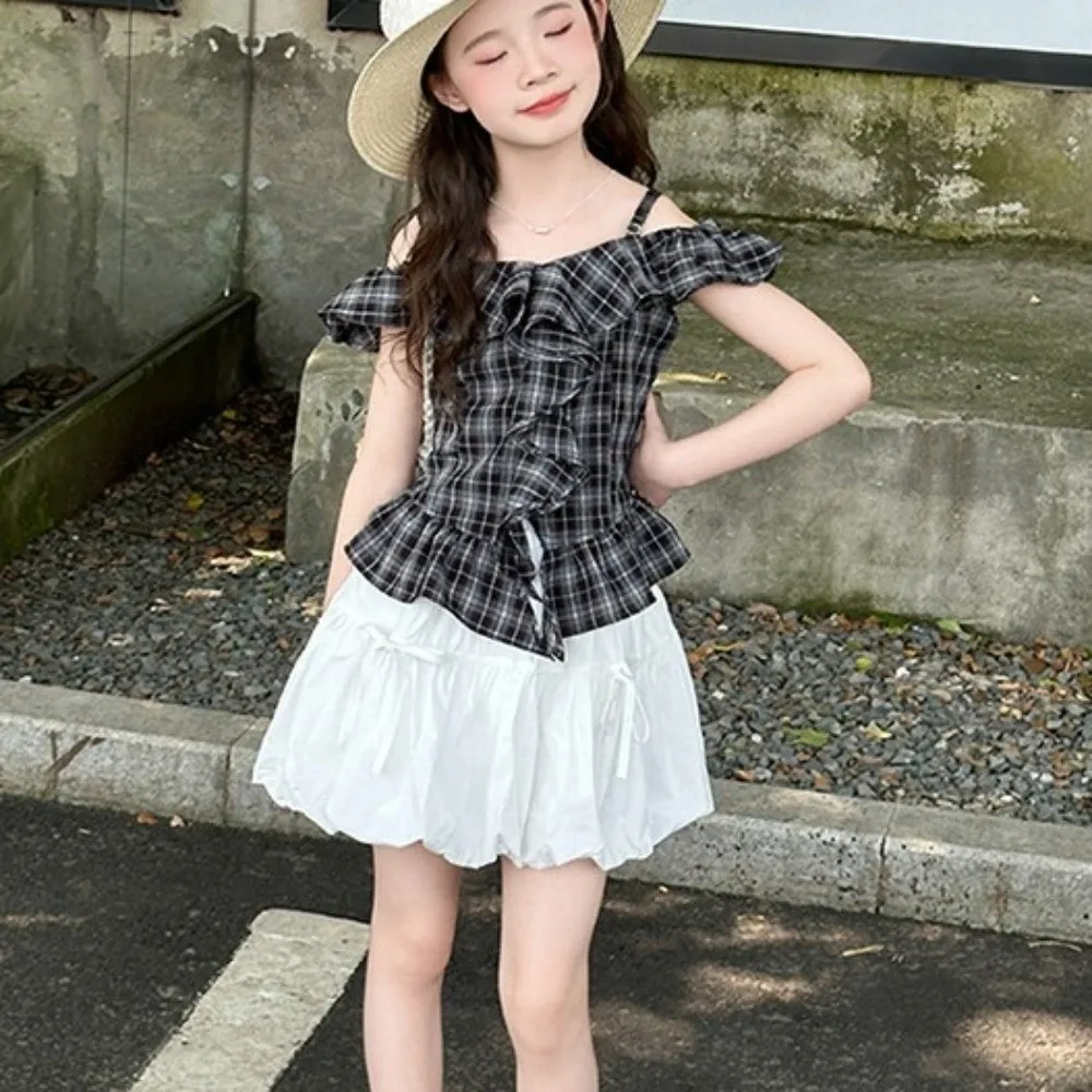 Grid Pleated Kids Ruffles Short Dress Camisole Top Suspenders Girls Puff Sleeve Skirt One Shoulder Neck Short