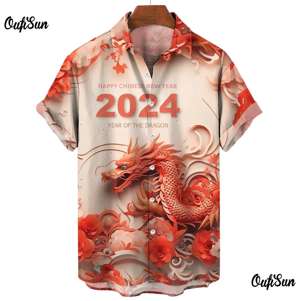 

2024 Men's New Year Shirt Fashion Lapel Short Sleeve Top Cool Dragon Print Men's Shirt Street Hip Hop Men's Clothing