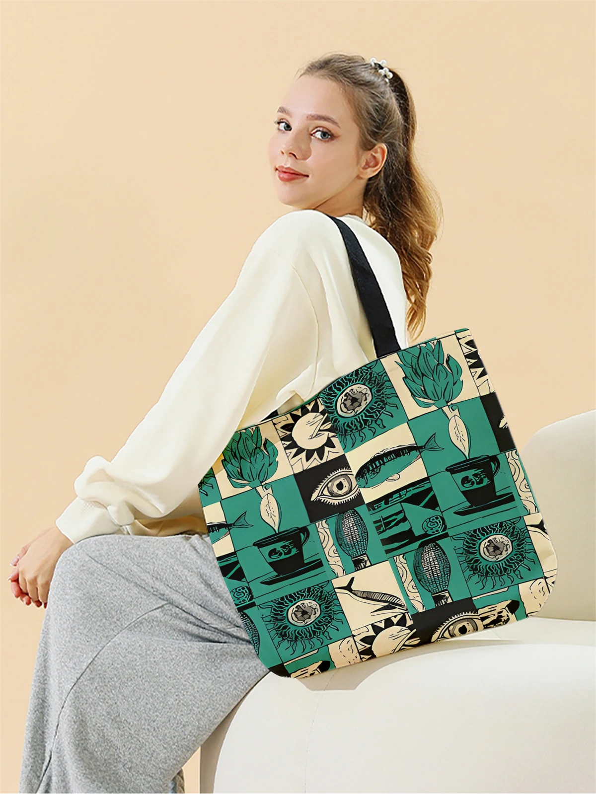 1pc,puzzle style handbag, reusable fashionable handbag, multifunctional handbag, printed canvas shopping bag
