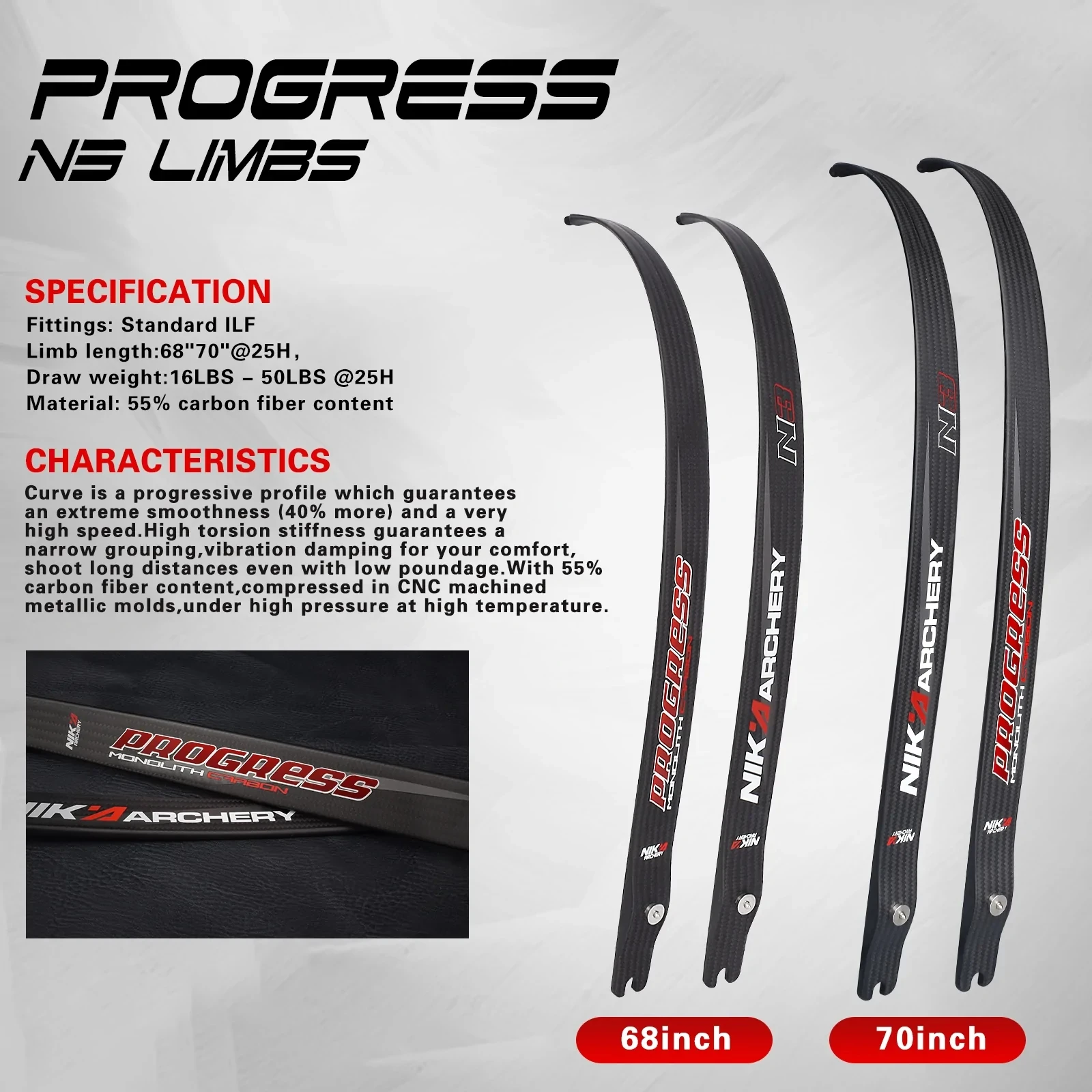 

NIKA ARCHERY 68''/70"@25H N3 Carbon Fiber Limb Recurve Bow Limbs Progress Series Draw Weight 22-48 lbs