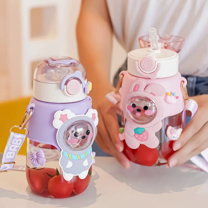 1pc 600ml Kids Water Bottle For School Boys Girls, Cup With Straw, Cute  Cartoon Leak-proof Mug