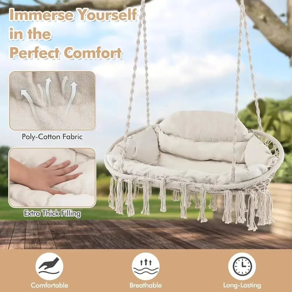 2-Person Hanging Hammock Chair, Boho Style Macrame Hammock Swing with Soft Cushions,  Indoor Outdoor Cotton Rope. 2