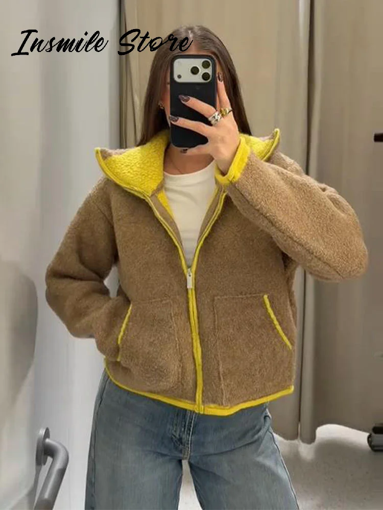 معاطف صوف متباينة على الموضة للنساء بياقة واقفة وج...