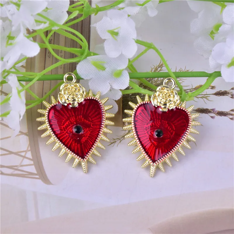 Pendentif Cœur Ex Voto Émail Rouge Avec Zirconium - Breloque Religieuse DIY