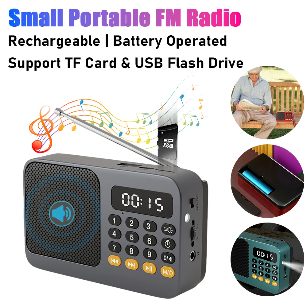 Portable FM Radio with LCD Display Flashlight Rechargeable Radio TF Card/U Disk Bluetooth MP3 Music Player Wireless Speaker ﻿
