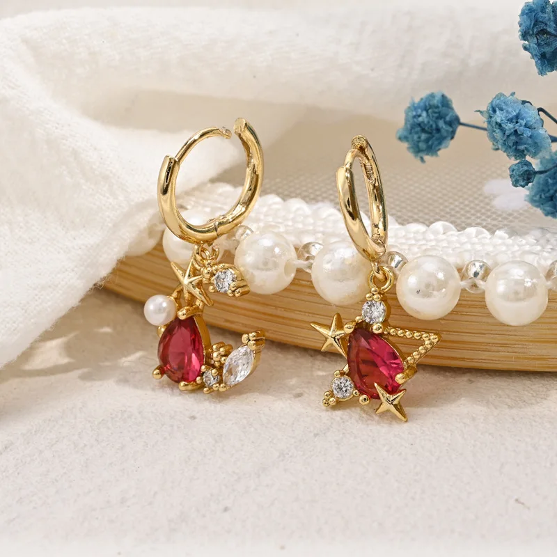 2022 Nuove Donne Di Modo Elegante Rosso Waterdrop Zircone Intarsiato Stelle Impiombatura Orecchino Di Goccia Donne Sexy Partito Waterdrop Zircone Orec