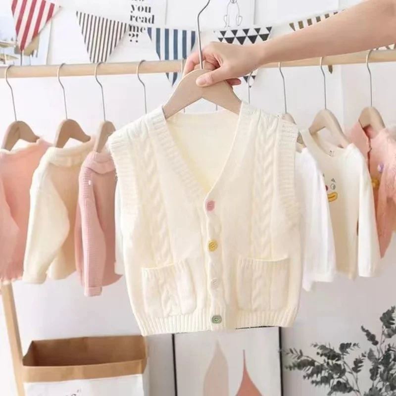 Baby Girls Knitted Vests Sleeveless Pullovers Tops Toddler Soft Cotton Waistcoats Warm Sweaters Woolen
