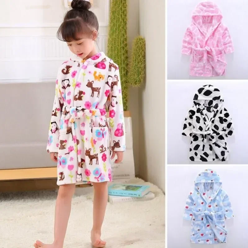 Toddler Baby Boys Girls Hooded Thick Warm Flannel Bathrobe Night-robe Pajamas