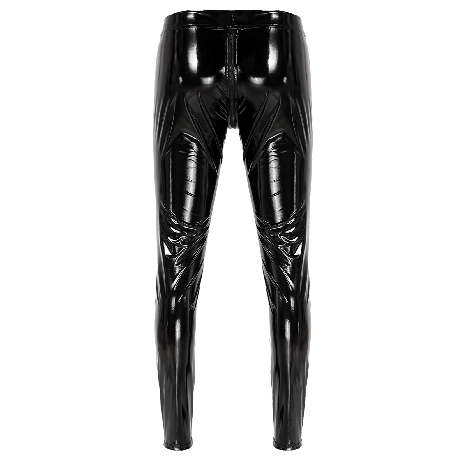 Men\'s Shiny Metallic Faux Leather Zipper Crotch Straight Leg Pants Long Trousers Motorcycle Party Performance Jeans Clubwear