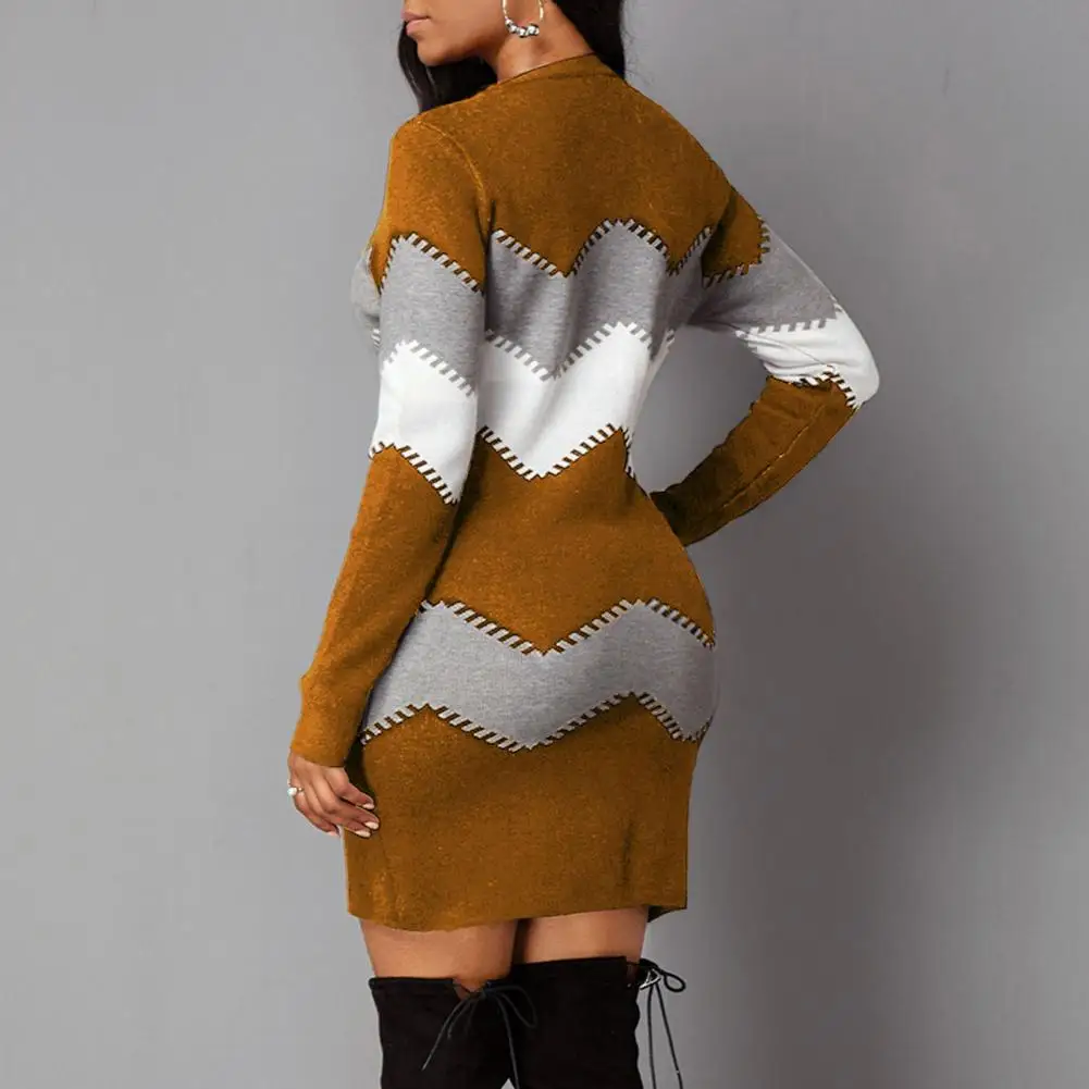 

Winter Mini Dress Elegant Striped Knitted Mini Dress for Women Slim Fit Above Knee Length Long Sleeve Round Neck for Fall Winter