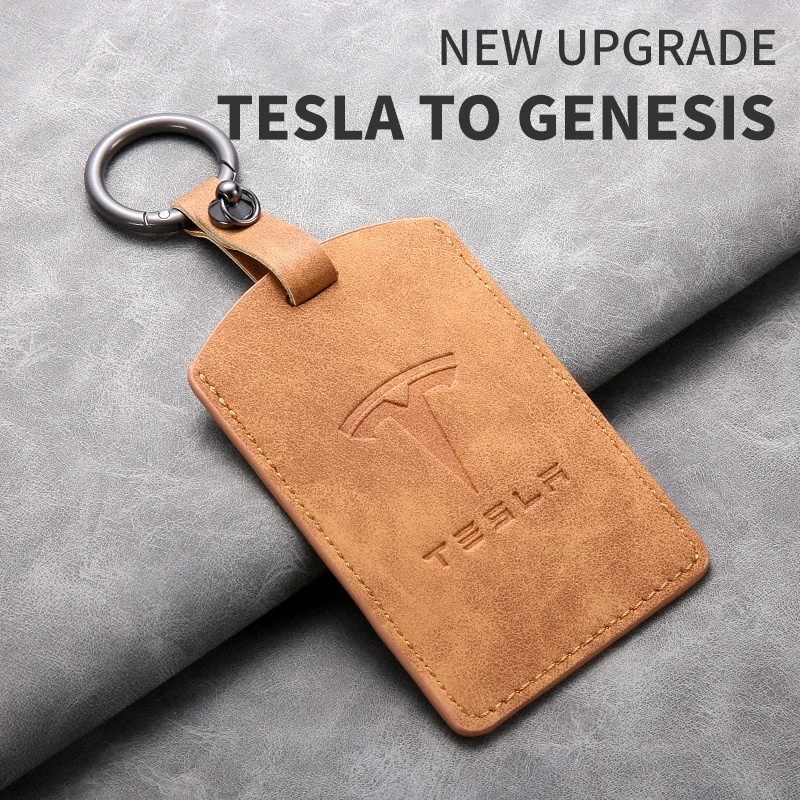 Leather Car Smart Remote Key Card Case Cover Protector Holder Shell For Tesla Model 3 Model Y Keyless Keychain Accessories