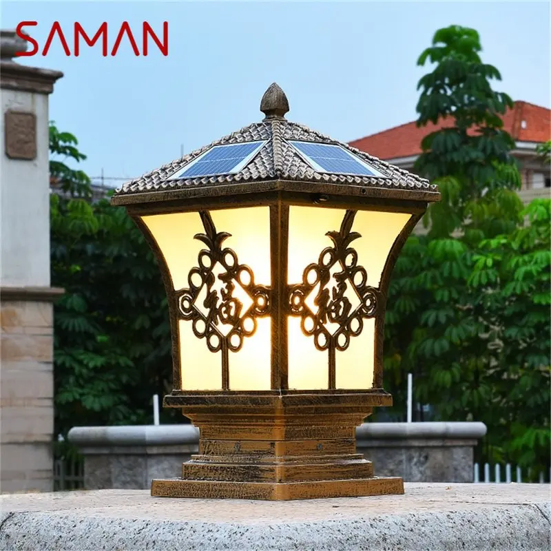 

SAMAN Solar Outdoor Classical Post Light Retro Waterproof Pillar LED Wall Lamp Fixtures for Home Garden