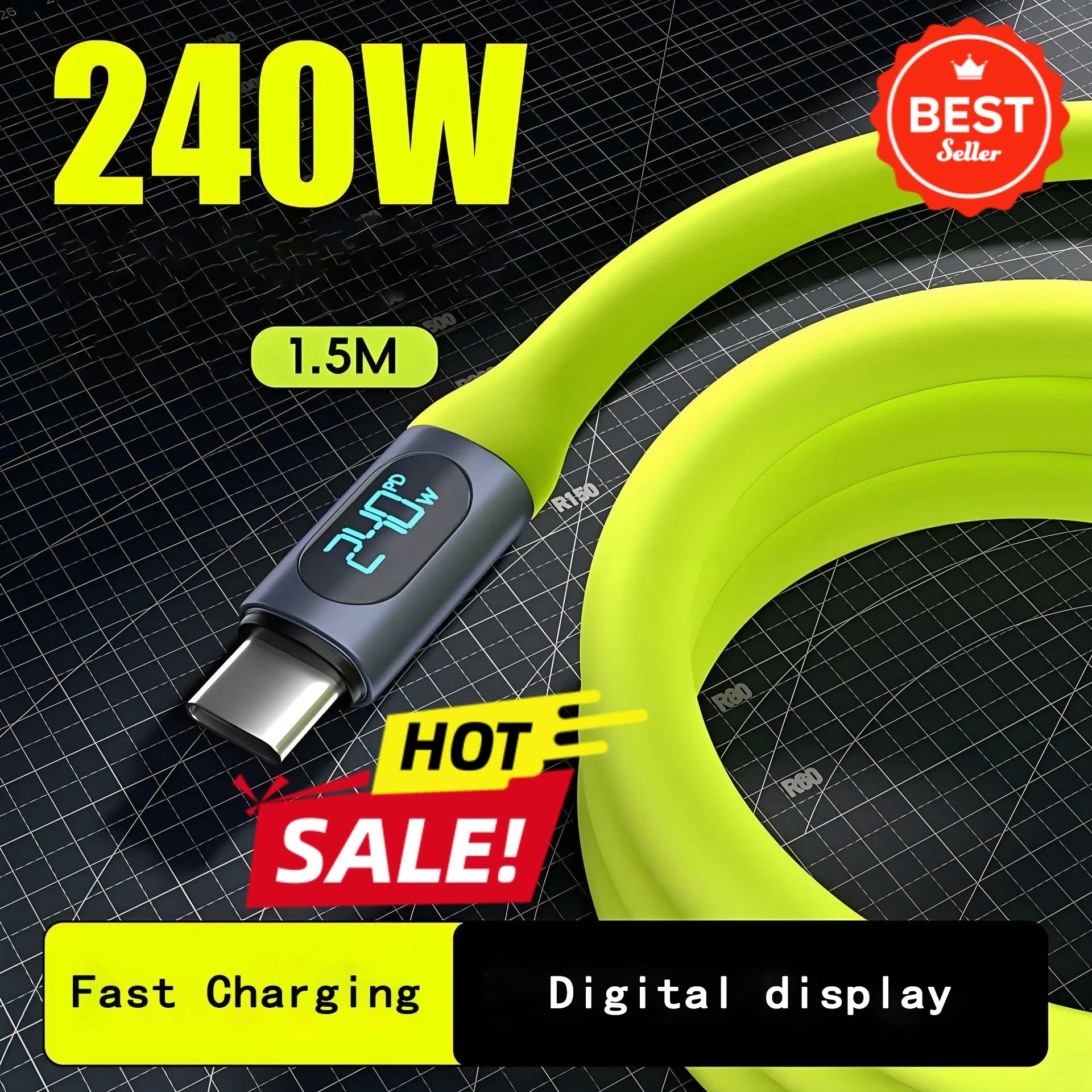1.5m Cable Length 240W Fast Charge Cable USB C To C with Digital Display Power Meter for  Pro Samsung S25 480Mbps Data Transfer