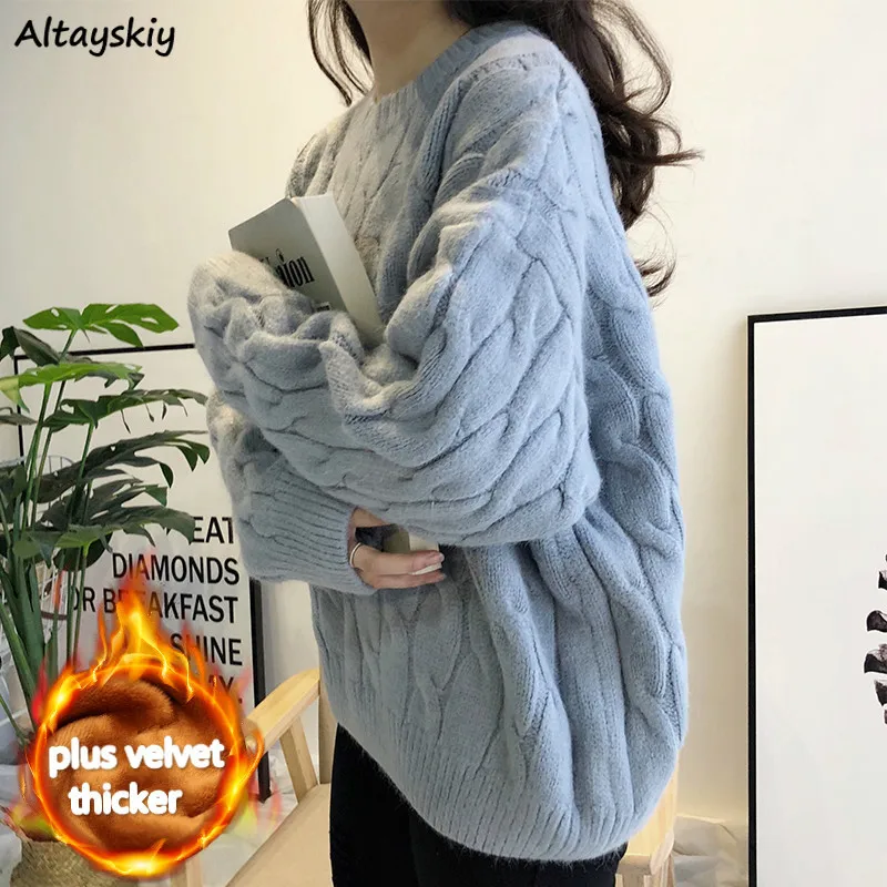 

Sweaters Women Popular Thick Solid 2020 New Fashion Fall Warm Loose Lady Clothes Kawaii Female Aesthetic Blue Casual Simple