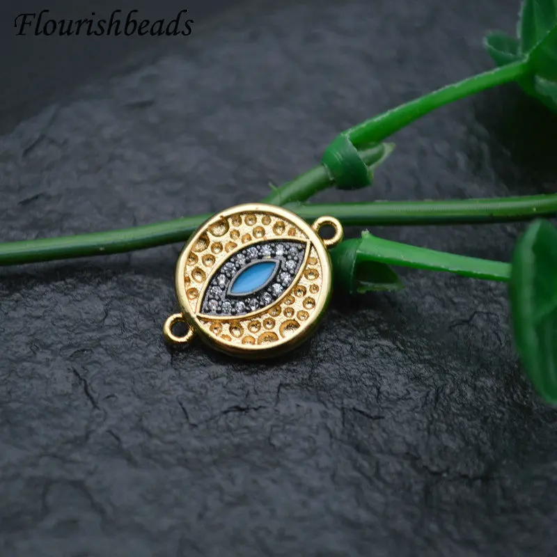 

Luxury Zircon Beads Evil Eye Two Loops Round Metal Bracelet Charms Necklace Links DIY Jewelry Makings