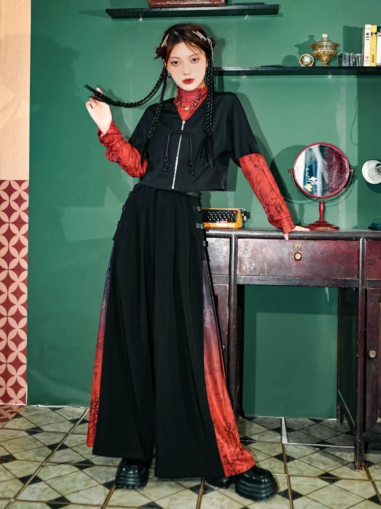 Retro Chinese Fashion Women's Wide-Leg Pants 2023 Spring Autumn High Waist Beautiful Print Stitching Casual Loose Long Trousers