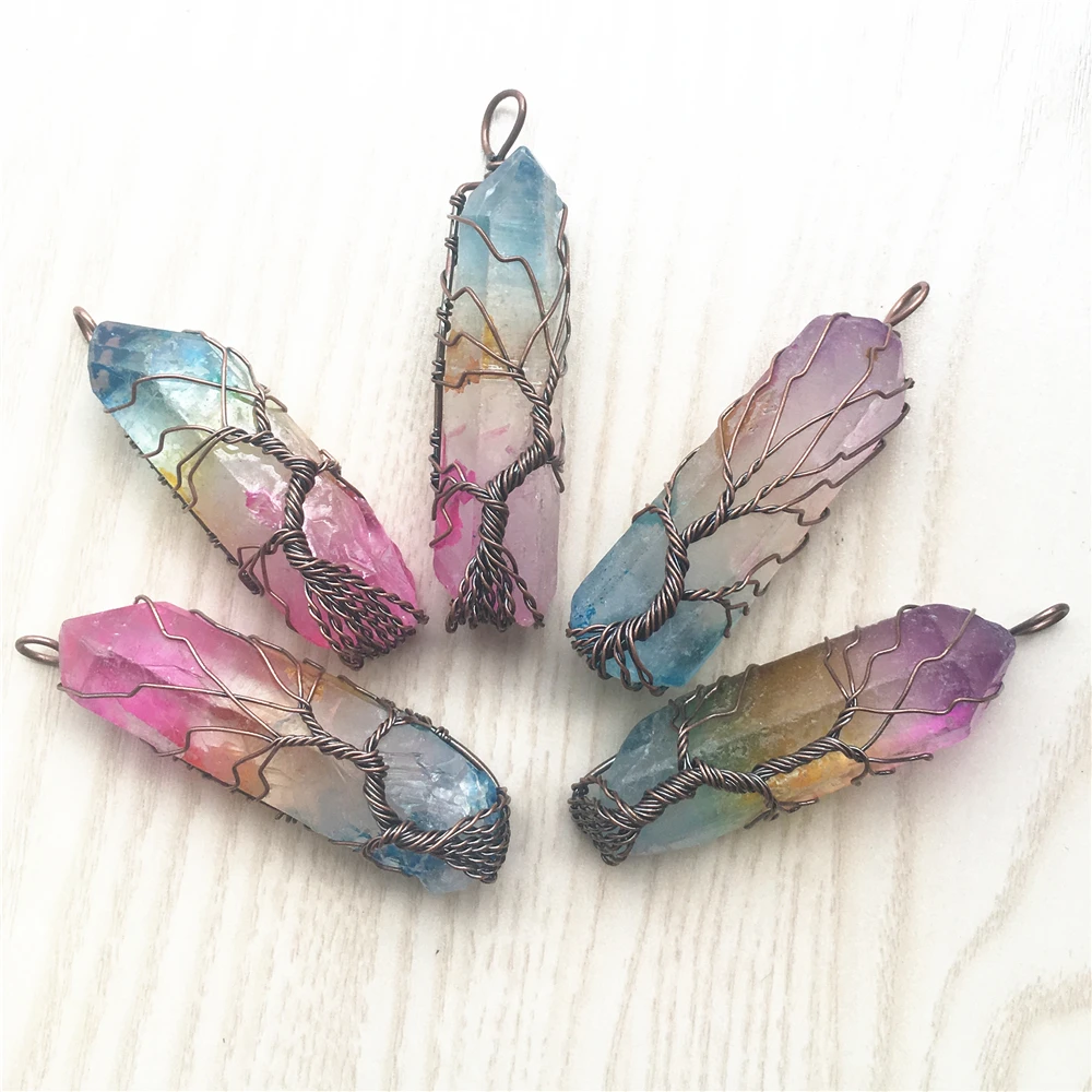 Natural Stone Clear Crystal Tree of Life Necklace Handmade Vintage Rainbow Antique Copper Wire Wrapped Pendant Necklace Jewelry