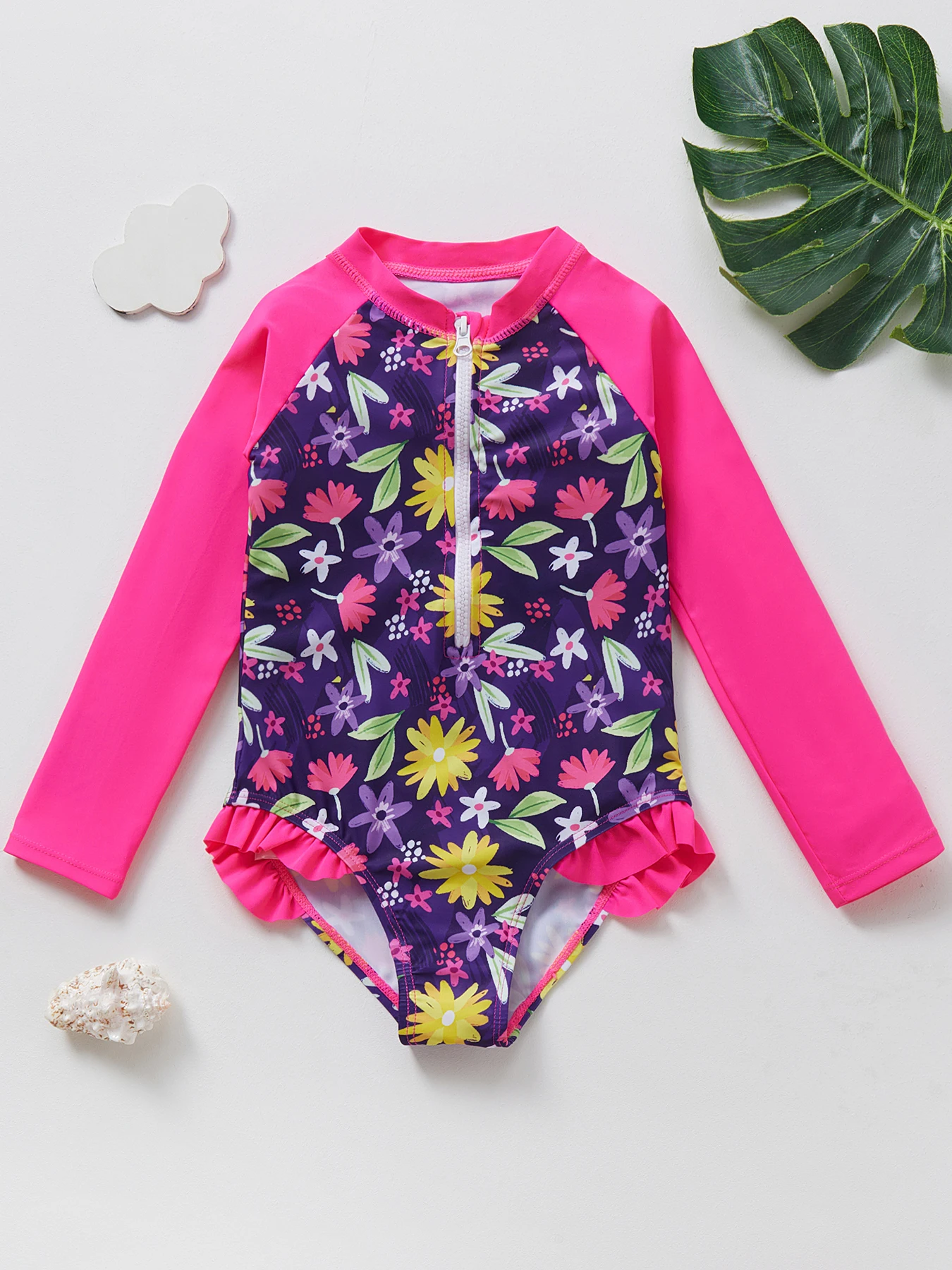 One Piece Swimsuit Girls Rash Guard Long Sleeve Ruffle Trim