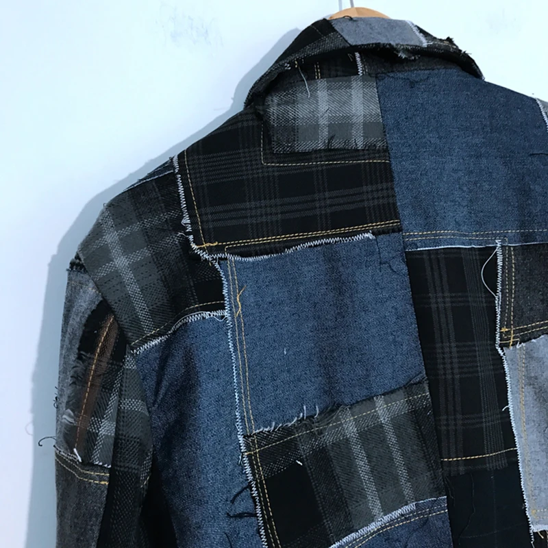 Autumn Men's Denim Plaid Raw Edge Stitching Blazers Patchwork Design Cool Motorcycle Creativity Casual Button Coat 21Z1406