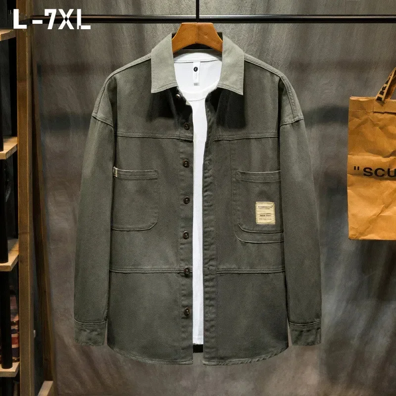 

Thick Denim Shirts Men 100% Cotton Spring Autumn Janpanese Retro Loose 7XL 6XL Plus Size Long Sleeve Jeans Motor Boys Clothes