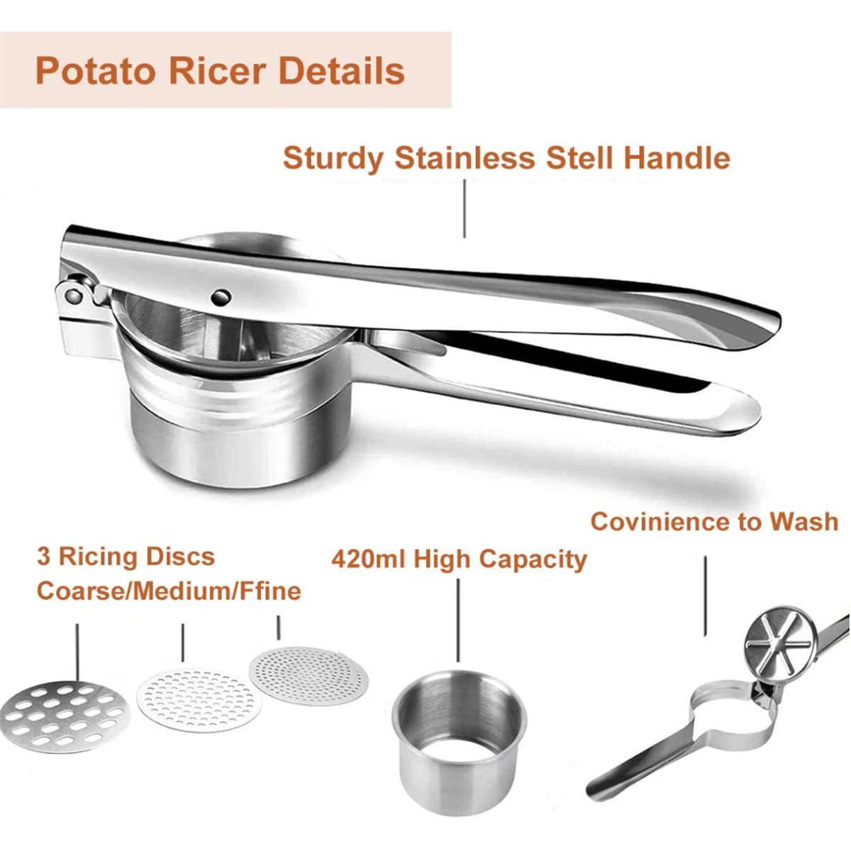 Potato Ricer 3 Interchangeable Discs Heavy Duty Potato Masher and Press and Mash Kitchen Gadget for Perfect Mashed Potatoes potato masher