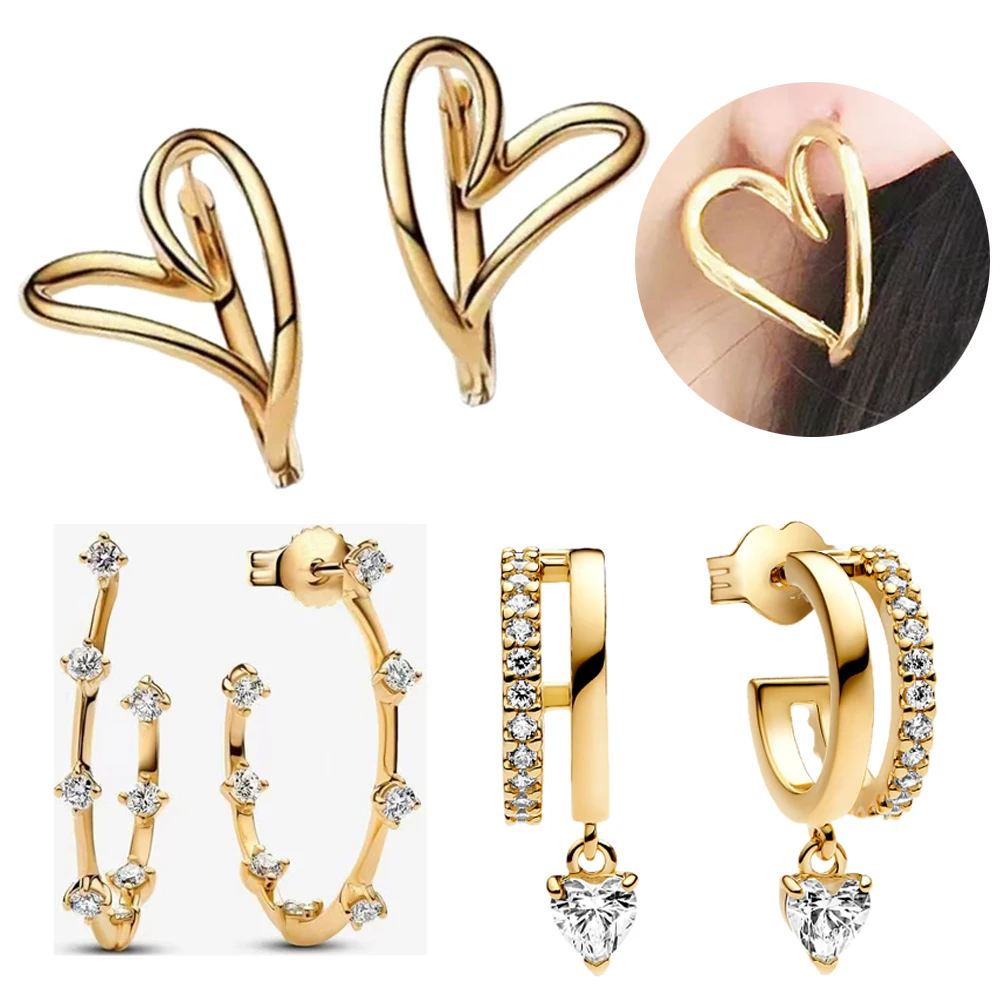 Golden 925 Sterling Silver Organic Heart&Zircon Ear Rings&Heart Drop Earrings Ladies' European Jewelry