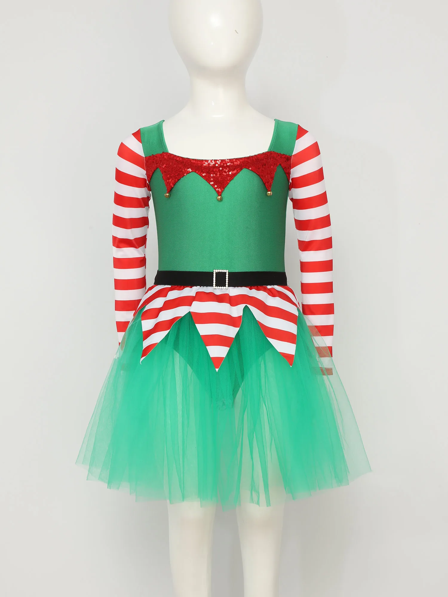 Kinder Mädchen Weihnachten Elf Kostüm Langarm Streifen Tutu Kleid Ballett Tanz Gymnastik Trikot Karneval Party Cosplay verkleiden – Detail 17