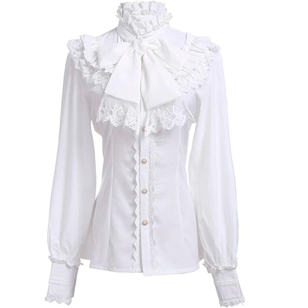 Fashion Lace Women Shirts Victorian Blouse Gothic Lolita Shirt Vintage Long Sleeve Lotus Ruffle With Bow Women Casual Tops