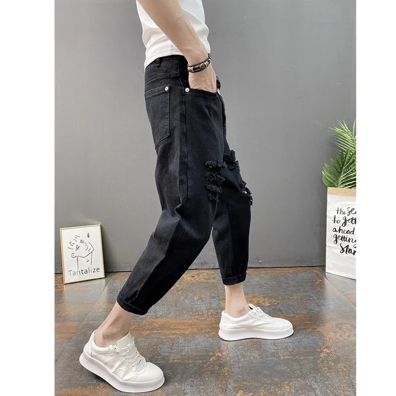 Ripped Jeans White Jeans Ripped Patchwork Jeans Korean Ankle-Length Men Breathable Slim Fit Four Season Narrow Leg Harem Trousers