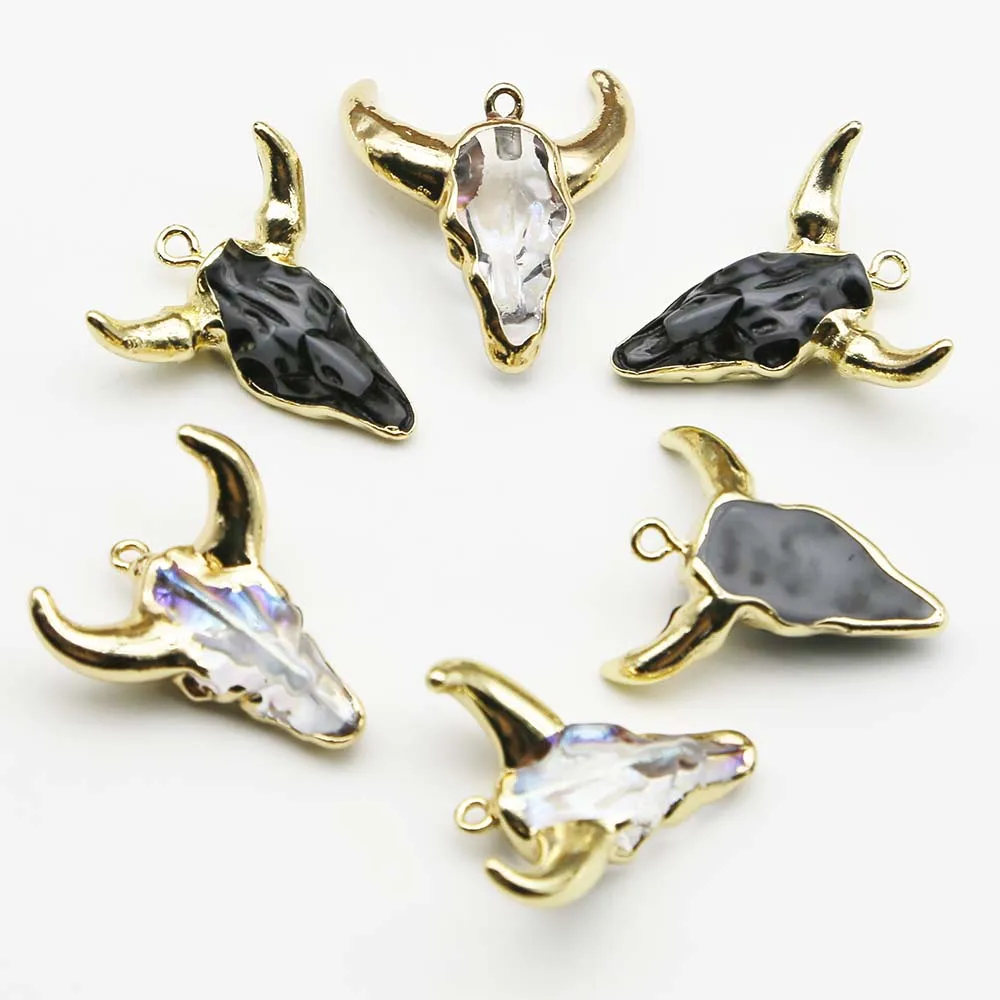 

High Quality Natural Semi Precious Stone Acrylic Resin Bull Head Pendant Necklace Charms Jewelry Accessories Gift Wholesale 8Pcs