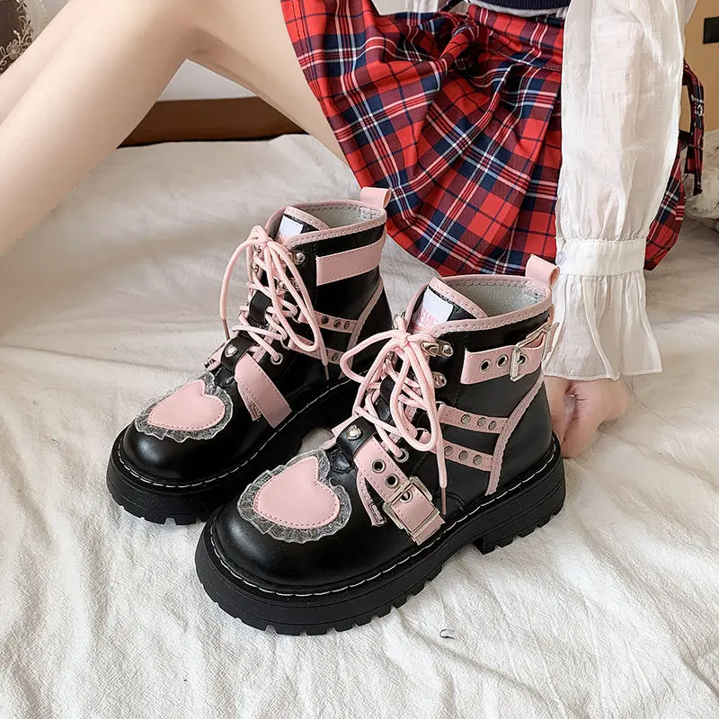 

New Korean Versatile Thick Sole Martin Boots Lolita Shoes Y2k Girl Heart Shaped Aesthetic Platform Shoes Women Luxury Short Boot