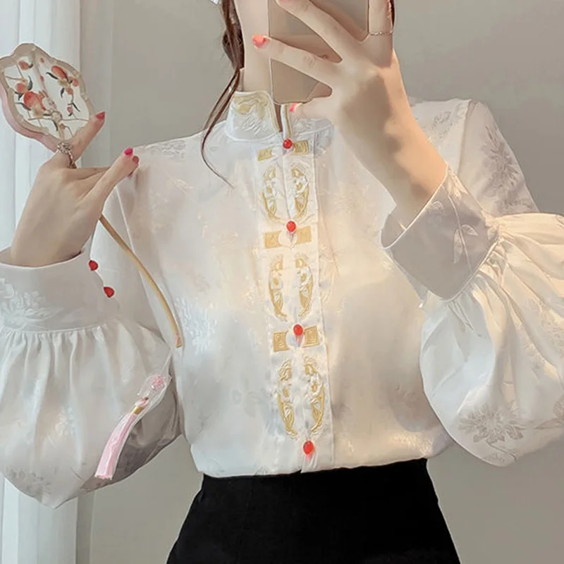 New Summer Elegant Fashion Solid Color Print Retro Office Lady Women's Clothing Chinese Style Embroidery Turtleneck Tops