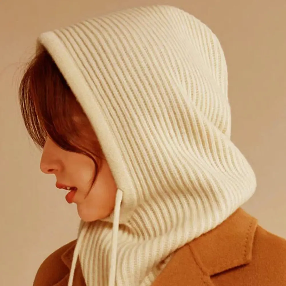 Winter Knitted Balaclava Hat Drawstring Hat Scarf Dual-purpose Pullover Cap Windproof Women's Head Hooded Cap for Men&Women
