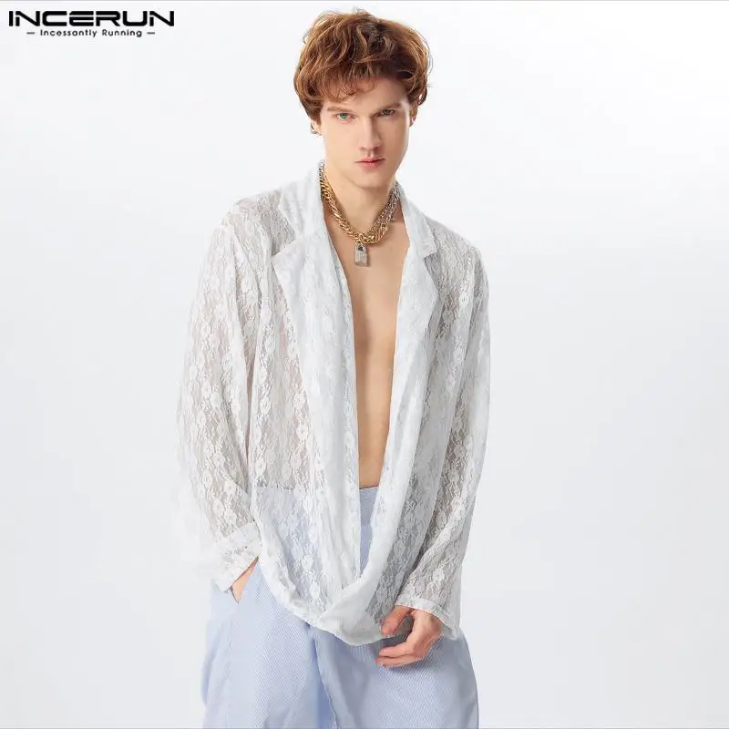

2024 Men Shirt Lace Transparent V Neck Long Sleeve Men Clothing Loose Streetwear Sexy Fashion Casual Party Camisas S-5XL INCERUN