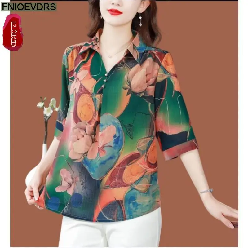 

L-4XL Loose Clothes Women 2023 Summer Elegant Office Lady Button Shirts Casual Retro Vintage Floral Print Tops Blouses