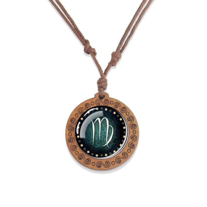 Zodiac Constellation Vintage Pendant Necklace - Glass Dome on Wood with Rope Chain