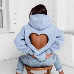 Hoodies Women Fashion Diamonds Splicing Sweet Love Cutout Open Back Long Sleeve Thick Warm Oversized Pullover Hooded Sweatshirt