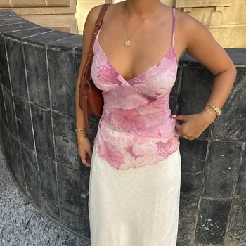 Women Summer Vintage y2k Aesthetic Crop Tops Floral Print Boho Sleeveless Spaghetti Strap Mesh See Through Coquette Tanks Camis 1