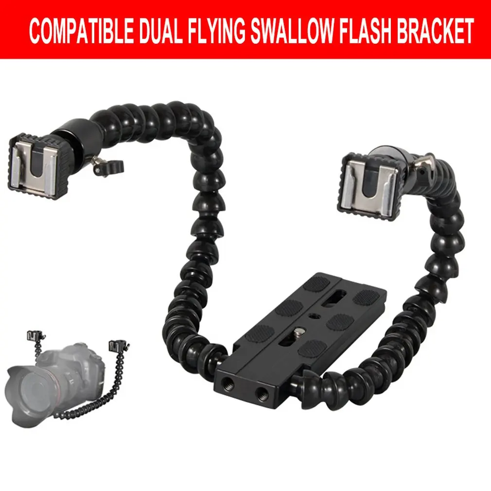 

2024 Flexible Dual Arm Camera Flash Bracket Holder Two Hot Shoe Mounts Bracket with Ball Head for Speedlite DSLR Macro Shooting