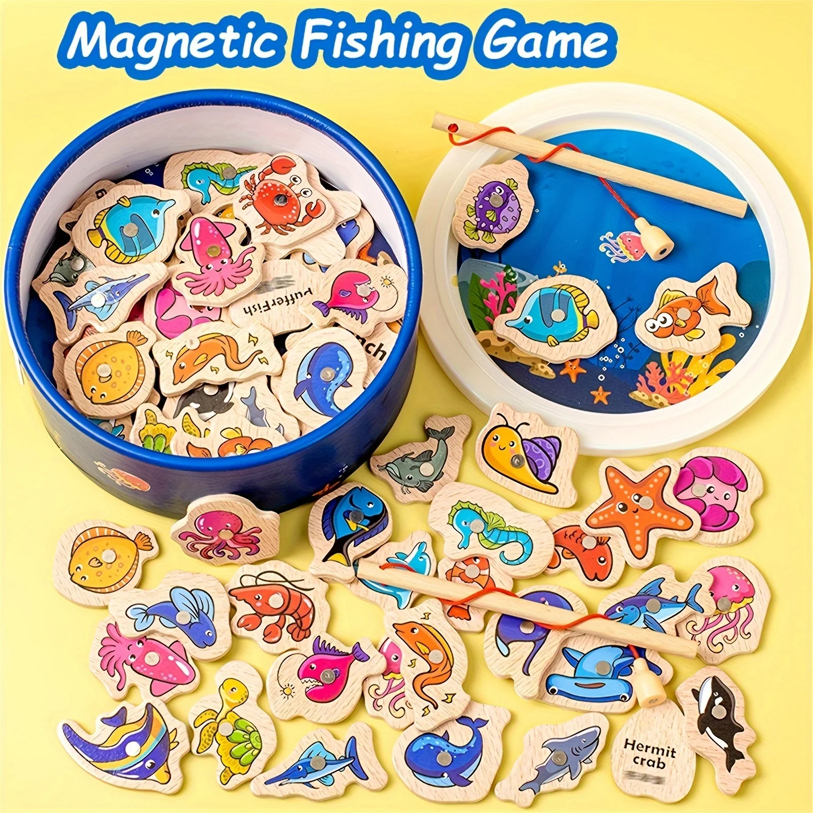 Magnetic Wooden Fishing Game - Educational Toy, Colorful Marine Life Pieces, Interactive Parent-Youngsters Cognitive Development