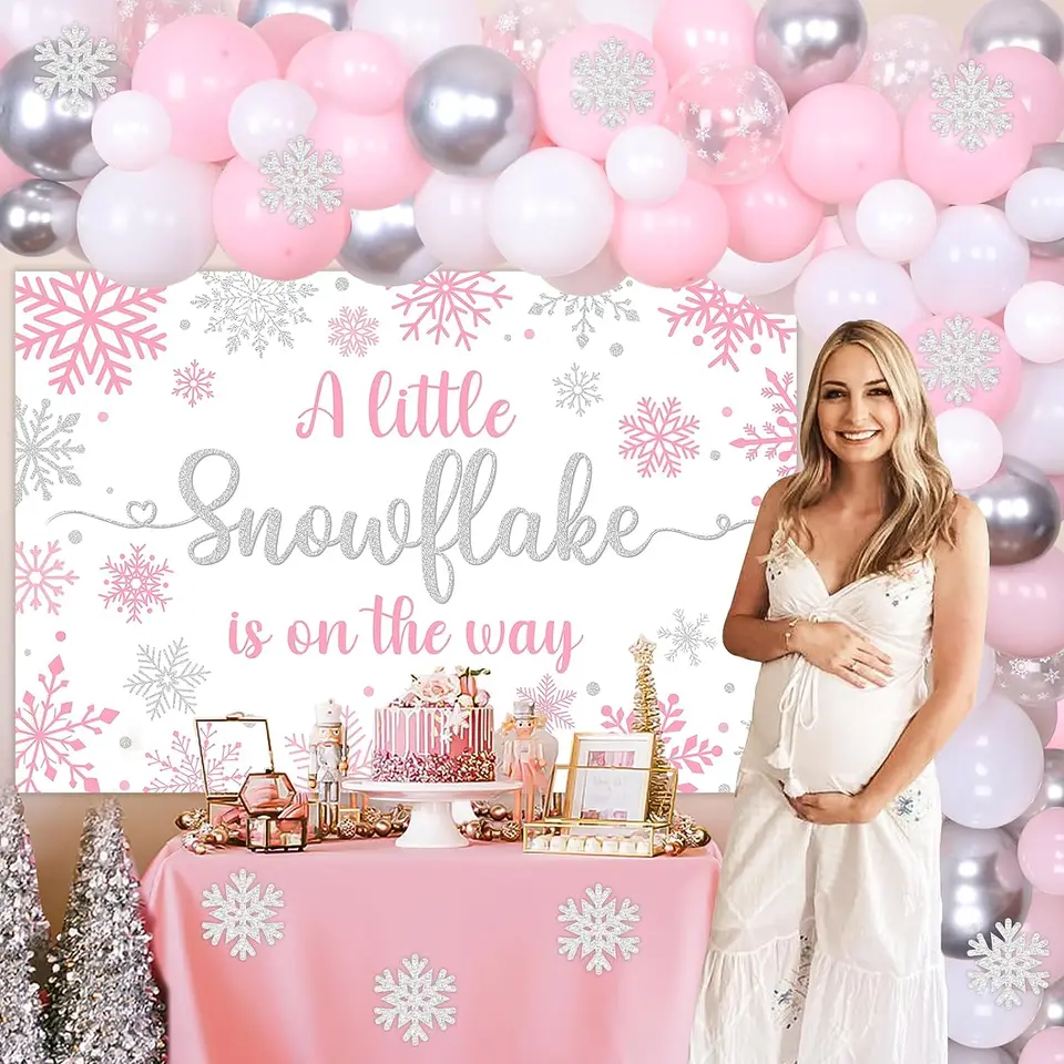 "A Little Snowflake Is On Her Way" Banner & Garland - Silver Glitter Winter Baby Shower Decorations