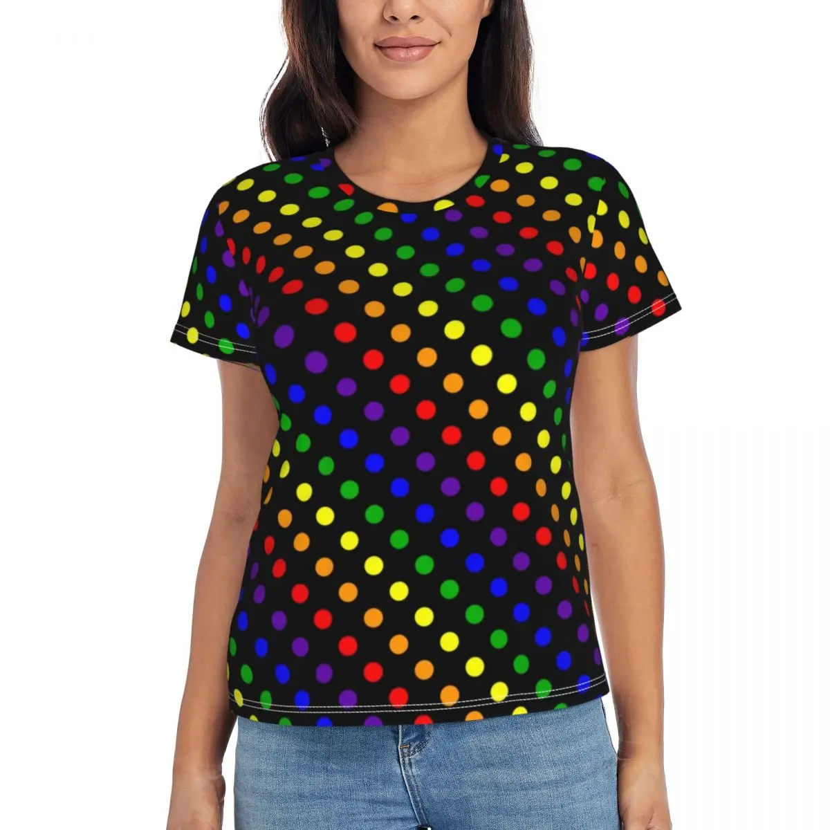 

Colorful Polka Dot Print T Shirt Woman Rainbow Dots Bright Elegant O Neck T-Shirts Short Sleeve Simple Tshirt Summer Top Tees