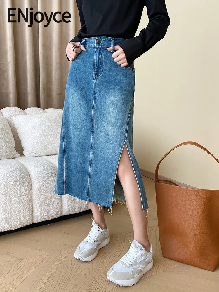 

ENjoyce 2023 Autumn Women Casual Side Slit Design Mid-Length A-line Denim Skirts Ladies High Waist Jeans Skirt Streetwear