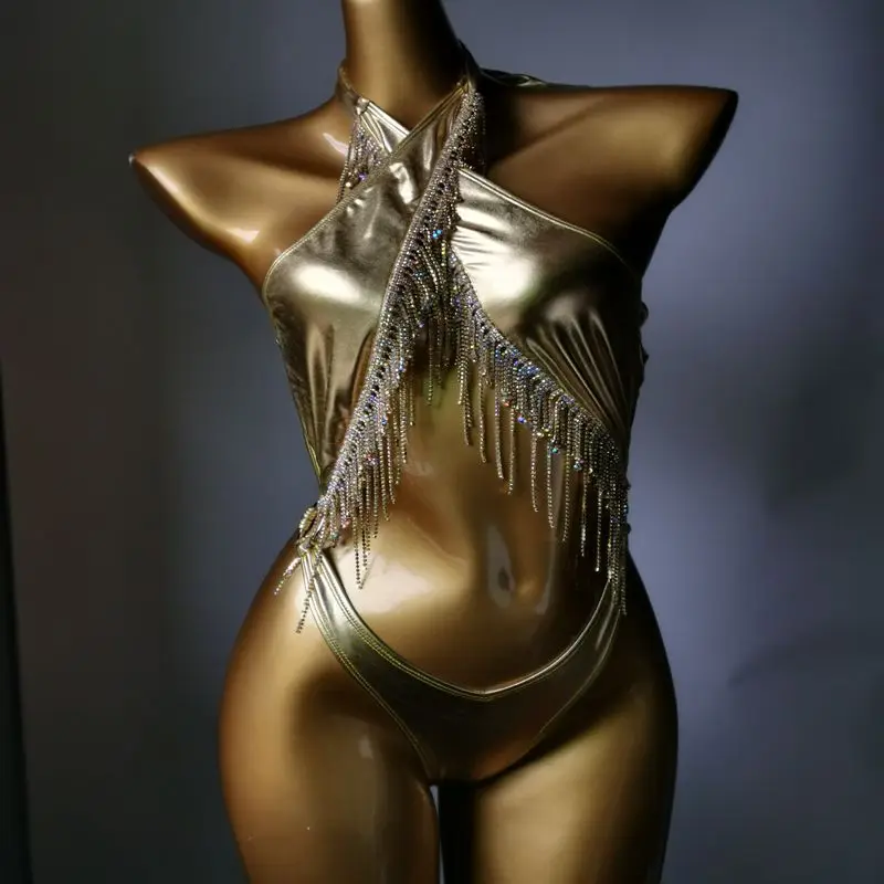 2023 Diamond New Bikini One-piece Swimsuit Cross Tie Silver Tassel Swimsuit Night Club Special Clothing Bodybuilding Performance