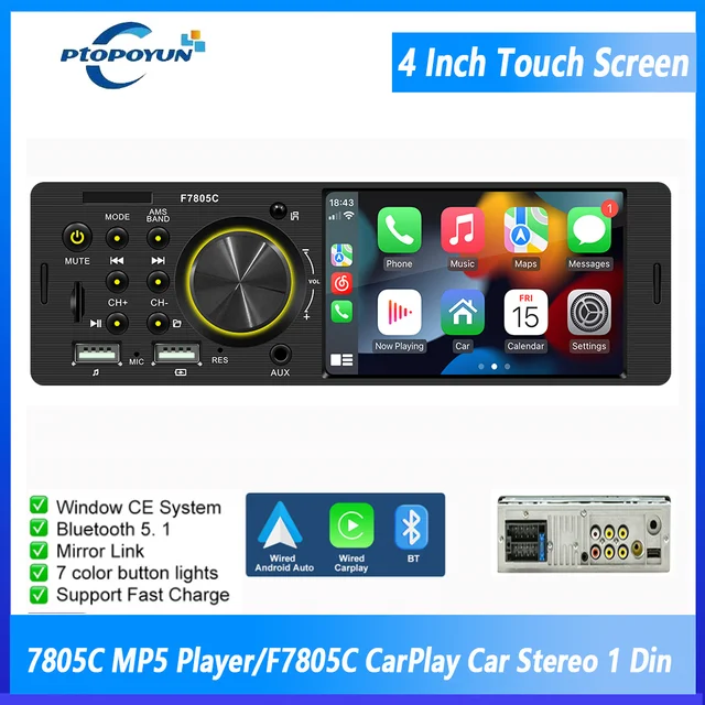 Ptopoyun 1 Din Car Radio with CarPlay & Android Auto 1