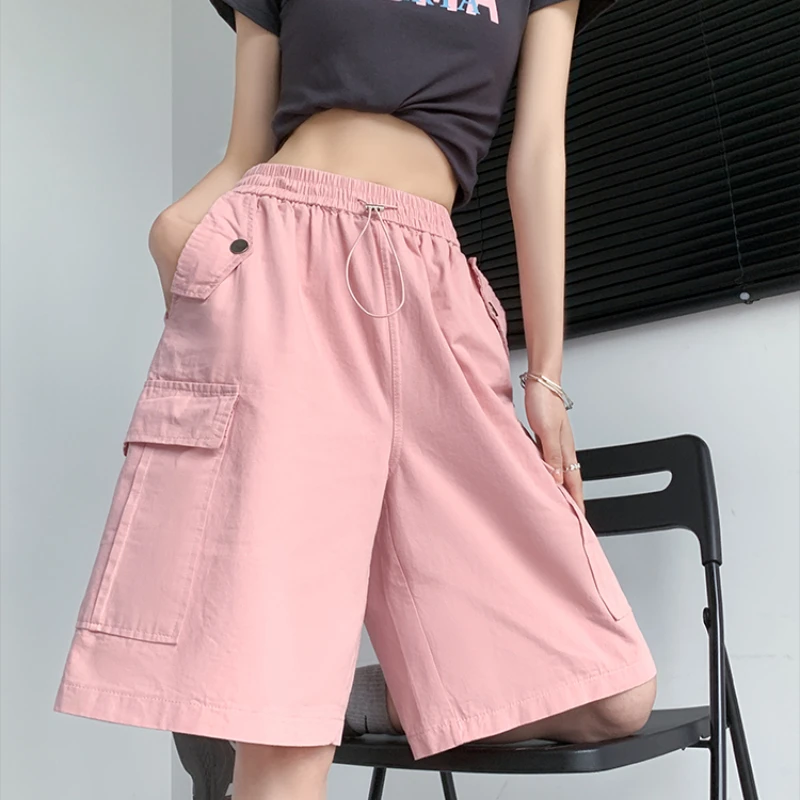 

Sweet Cool Pink Cargo Shorts Women's Summer New Casual Drawstring High Waist Short Pants Y2K Pocket Loose Wide Leg Streetwear