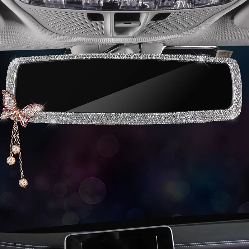 Bling Bling Rhinestone Car Rearview Mirror Decor Butterfly Interior Charm Crystal Diamond Rear View Mirror Cover Car Accessories rearview mirror cover