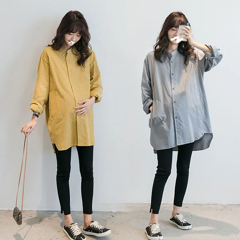 Korean Style Autumn Loose Long Sleeve Pure Cotton Shirts Pregnant Women's Irregular Blouses Plus Size Maternity Shirt Button Fly oversized women blouses cotton linen blouse autumn shirts casual long sleeve button v neck loose shirt lady tops plus size s 5xl